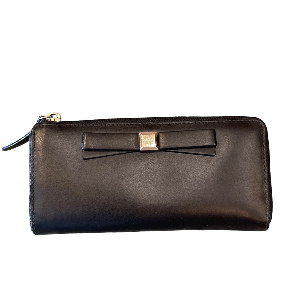kate spade Black Leather Zip Wallet with Bow and Gold Accent